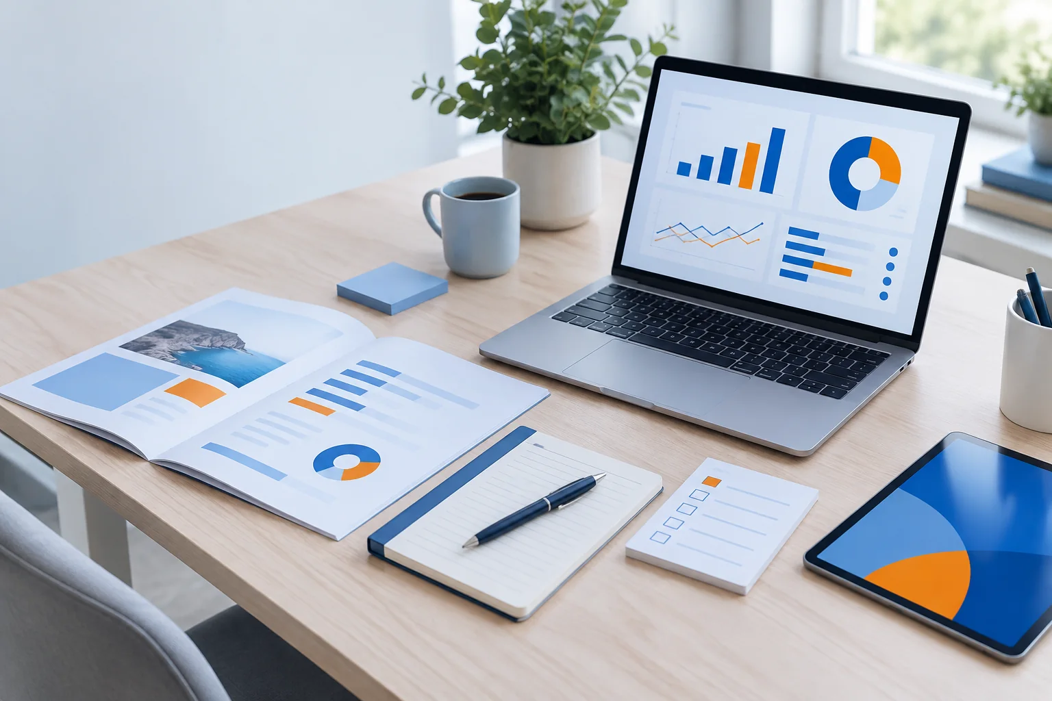 Laptop y materiales de trabajo para mejorar un negocio