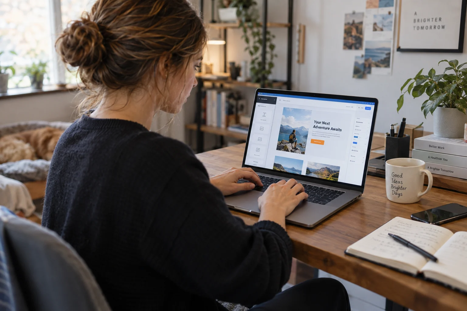 Joven construyendo una landing page en su laptop desde una oficina en casa