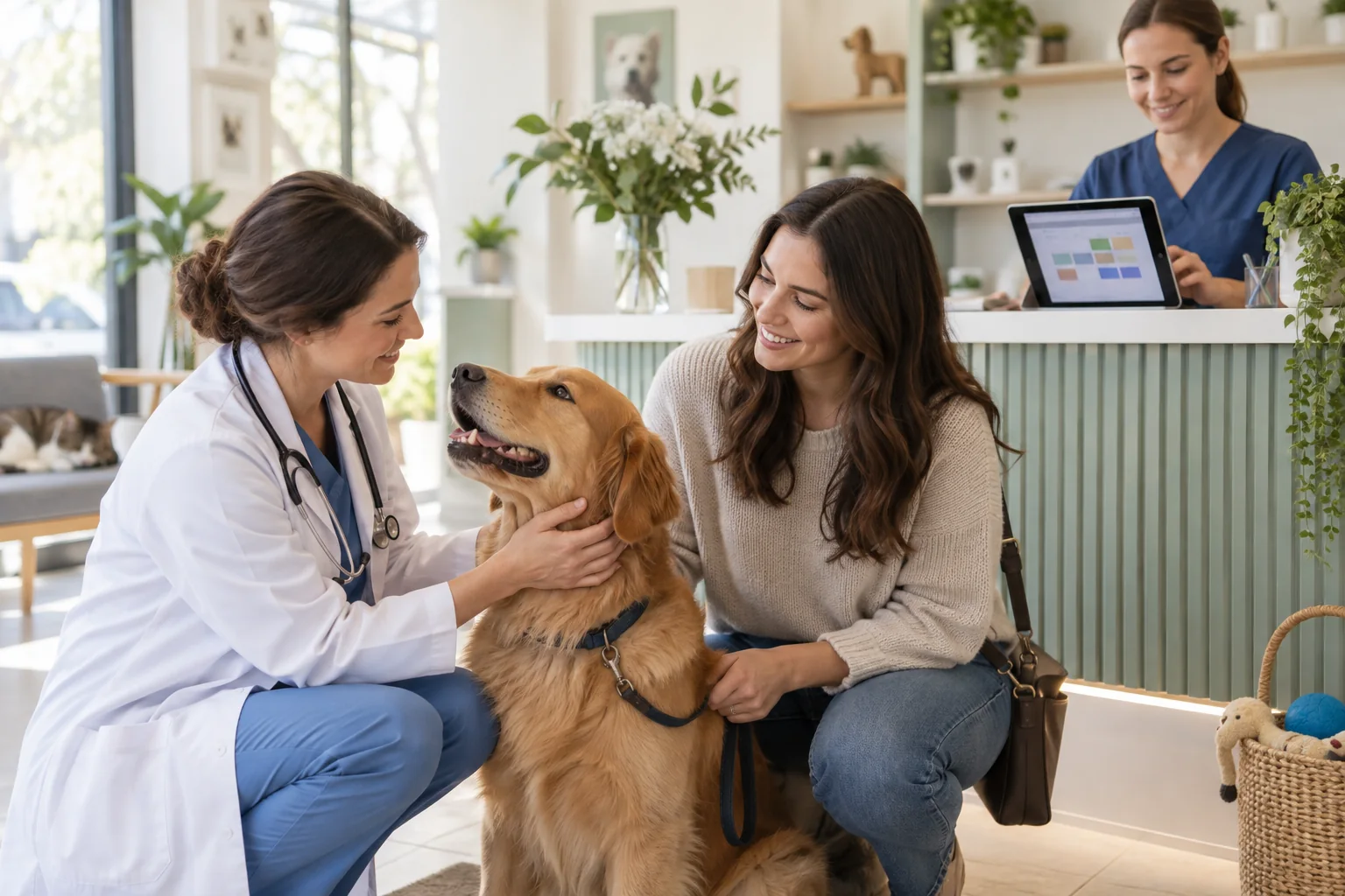 Veterinaria atendiendo a un perro mientras se prepara una cita