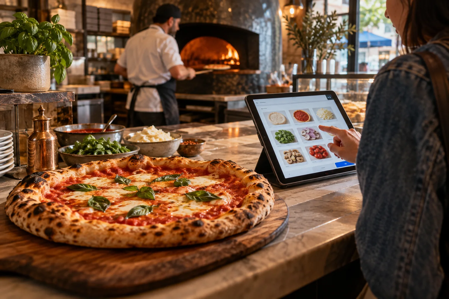 Pizza artesanal junto a un configurador digital de pedido