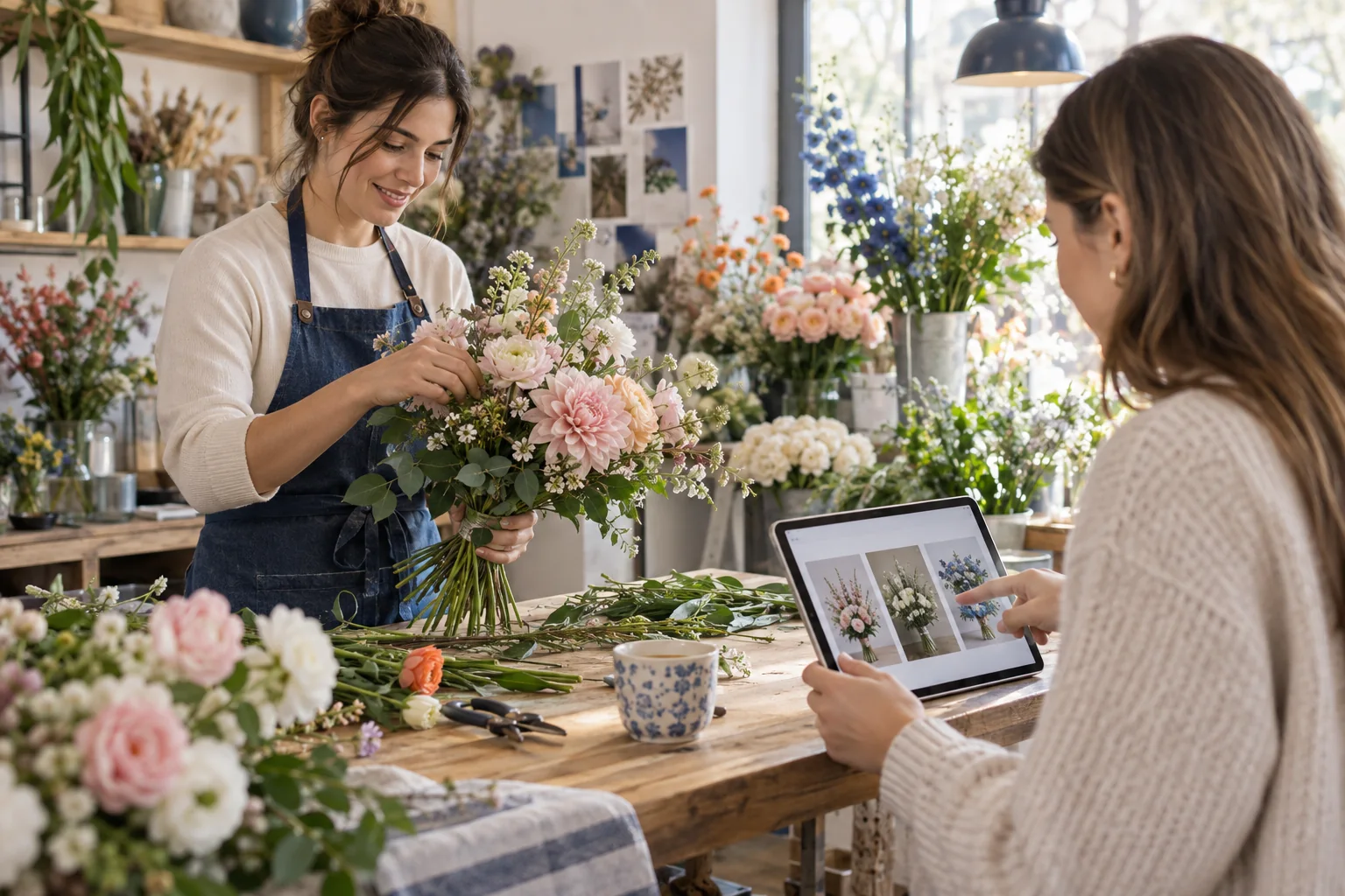 Florista preparando un arreglo mientras una clienta usa un recomendador