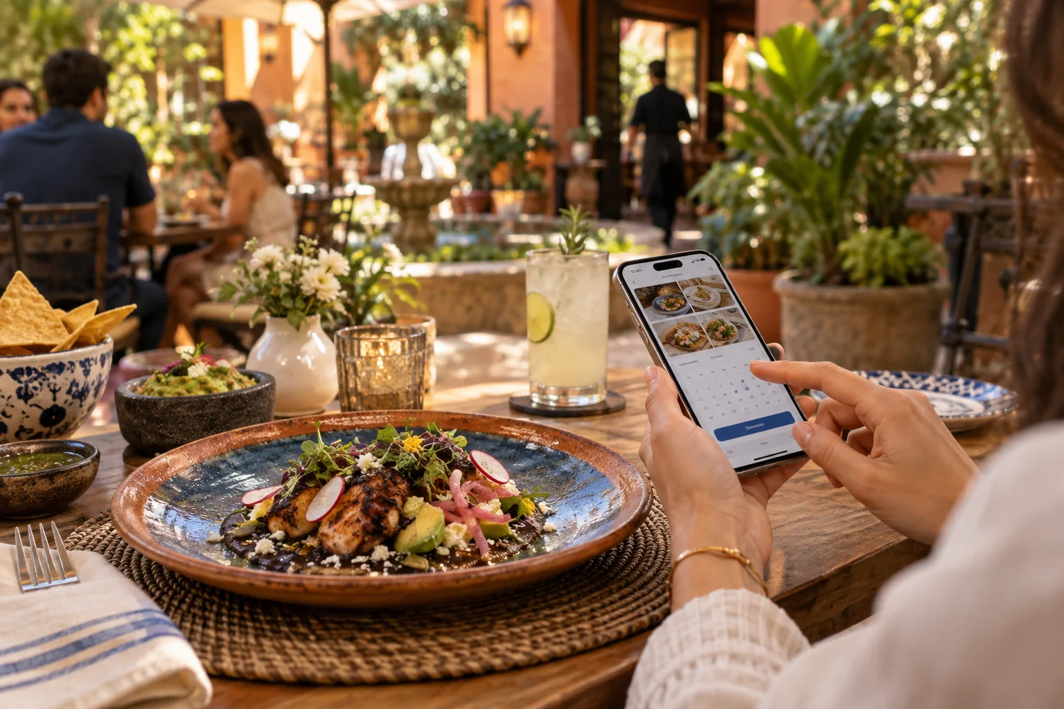 Mesa de restaurante con carta digital y reservación en celular