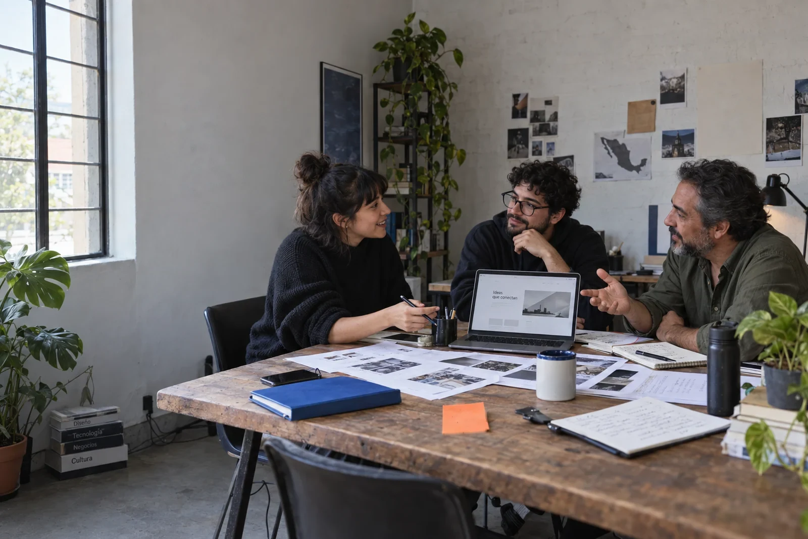 Equipo pequeño colaborando en un estudio creativo real