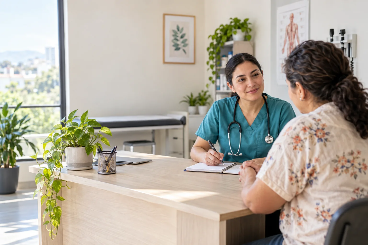Profesional de salud conversando con una paciente en un consultorio luminoso