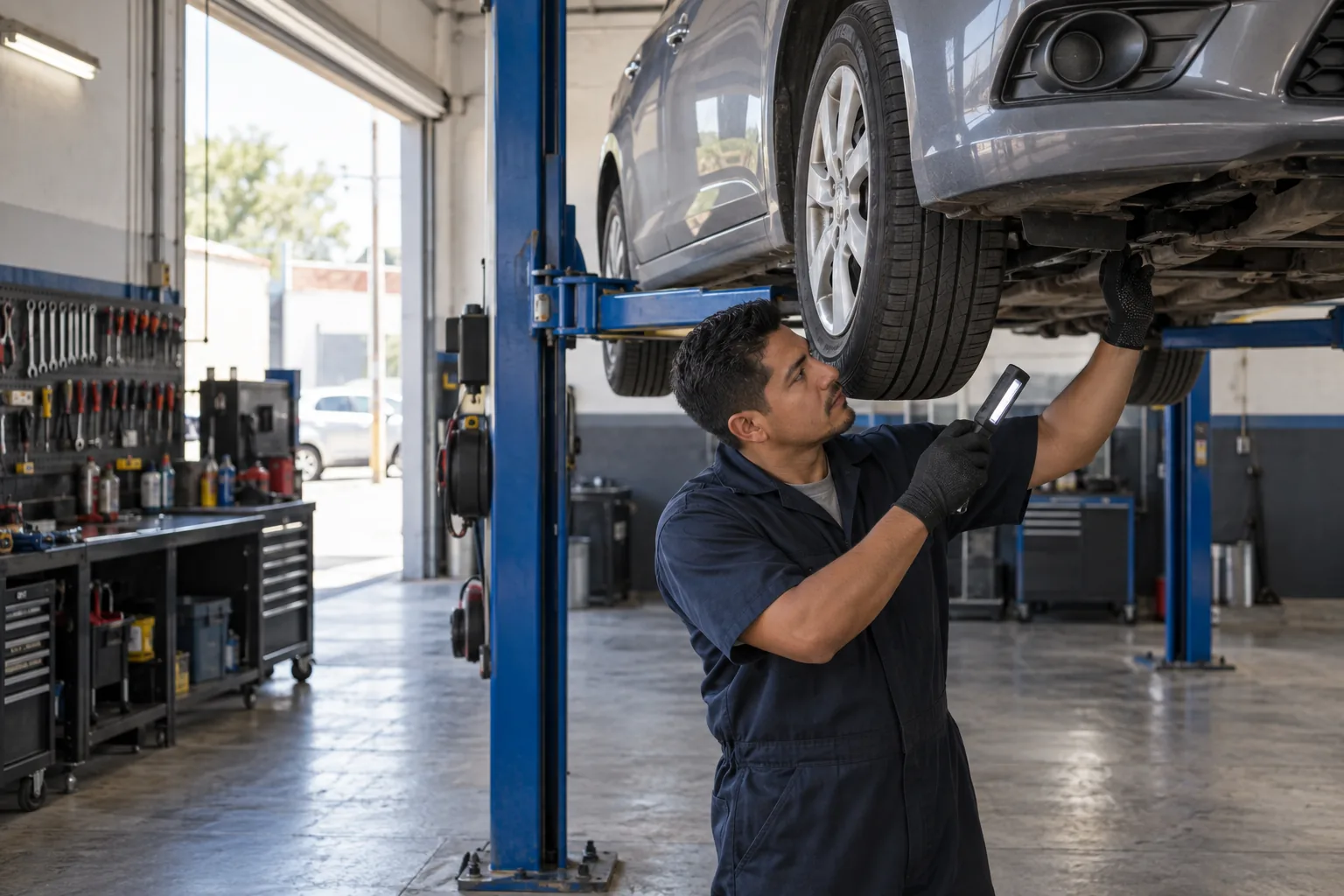 Mecánico revisando un automóvil en un taller organizado