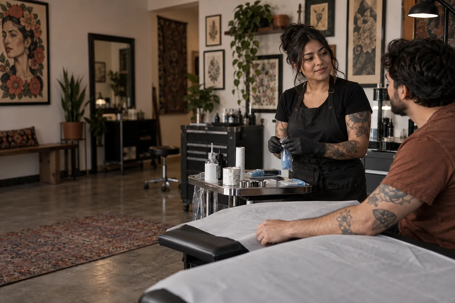 Artista preparando una sesión en un estudio de tattoo