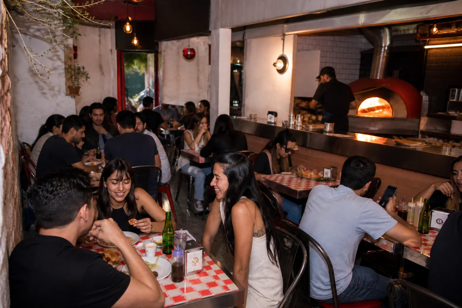Interior animado de Brava Pizza Club con horno abierto y mesas ocupadas