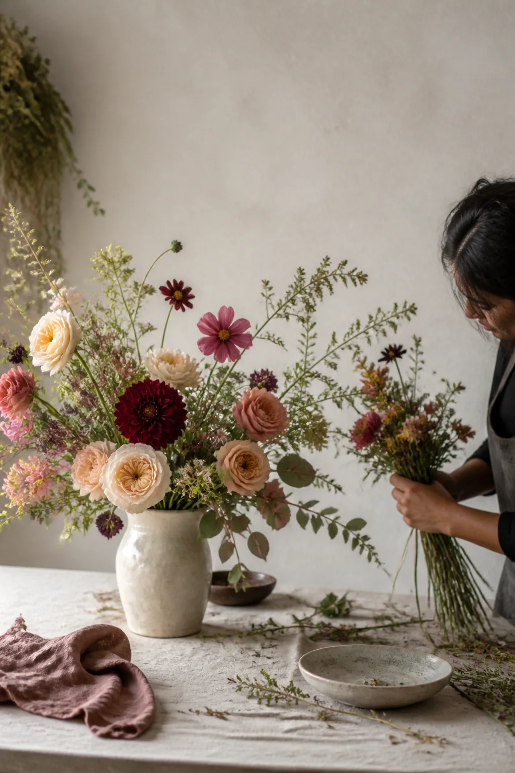 Florista de Lumbre preparando un arreglo asimétrico de rosas, dalias y cosmos