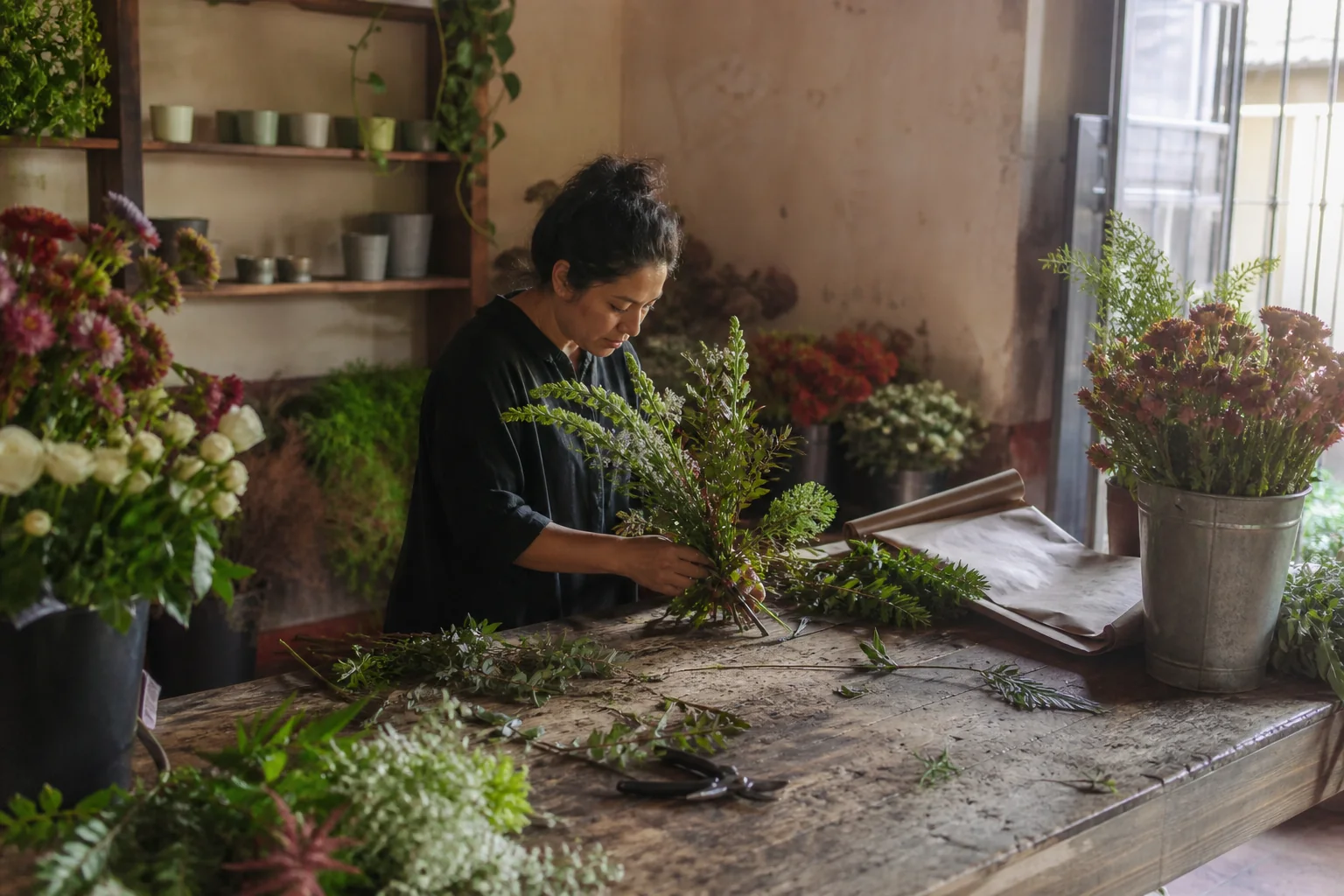 Florista trabajando entre flores frescas en el taller de Lumbre