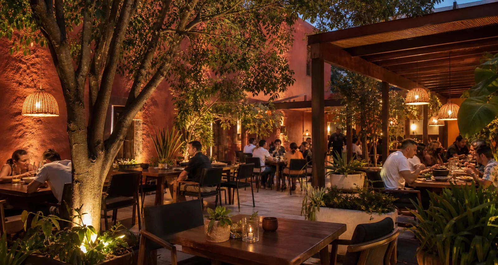 Comedor cálido con muros terracota y vegetación en Patio Cardenal